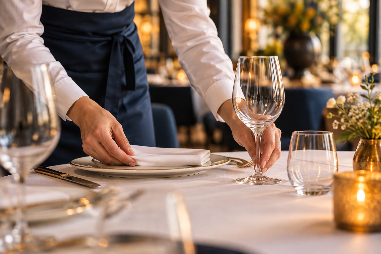 Illustrative close-up of a server preparing a restaurant table