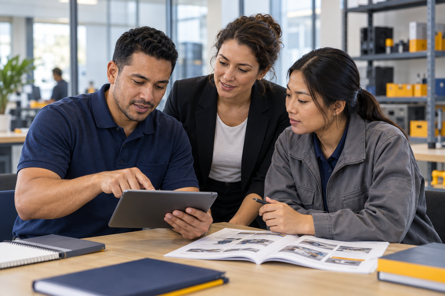 Illustrative workplace team reviewing a process guide and training on a tablet